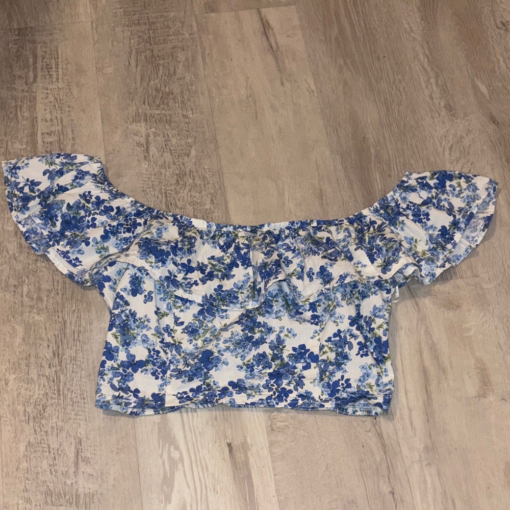 Floral Off-Shoulder Top - Blue and White